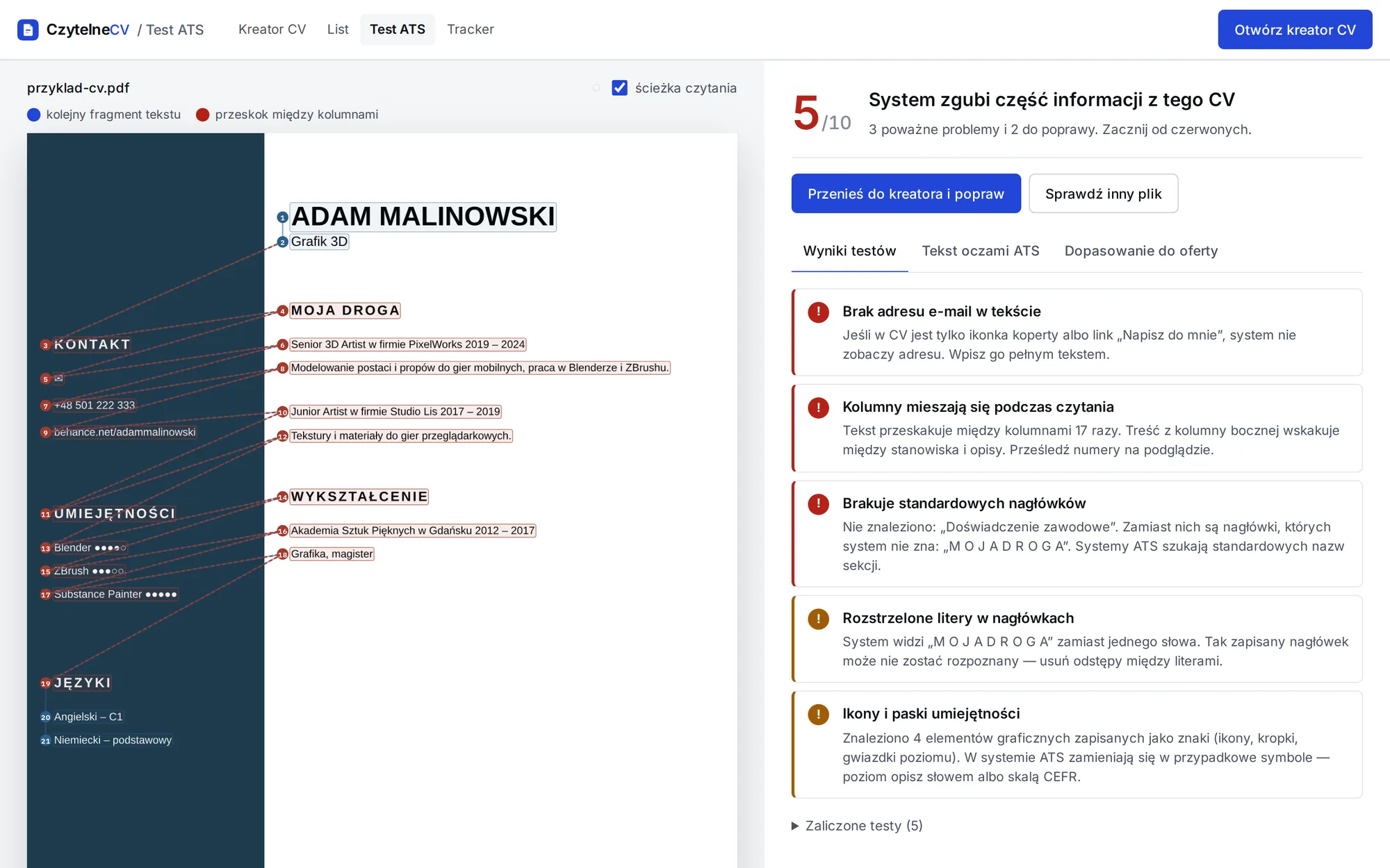 Test ATS: numerowana ścieżka czytania na CV z kolumną boczną i lista wykrytych problemów