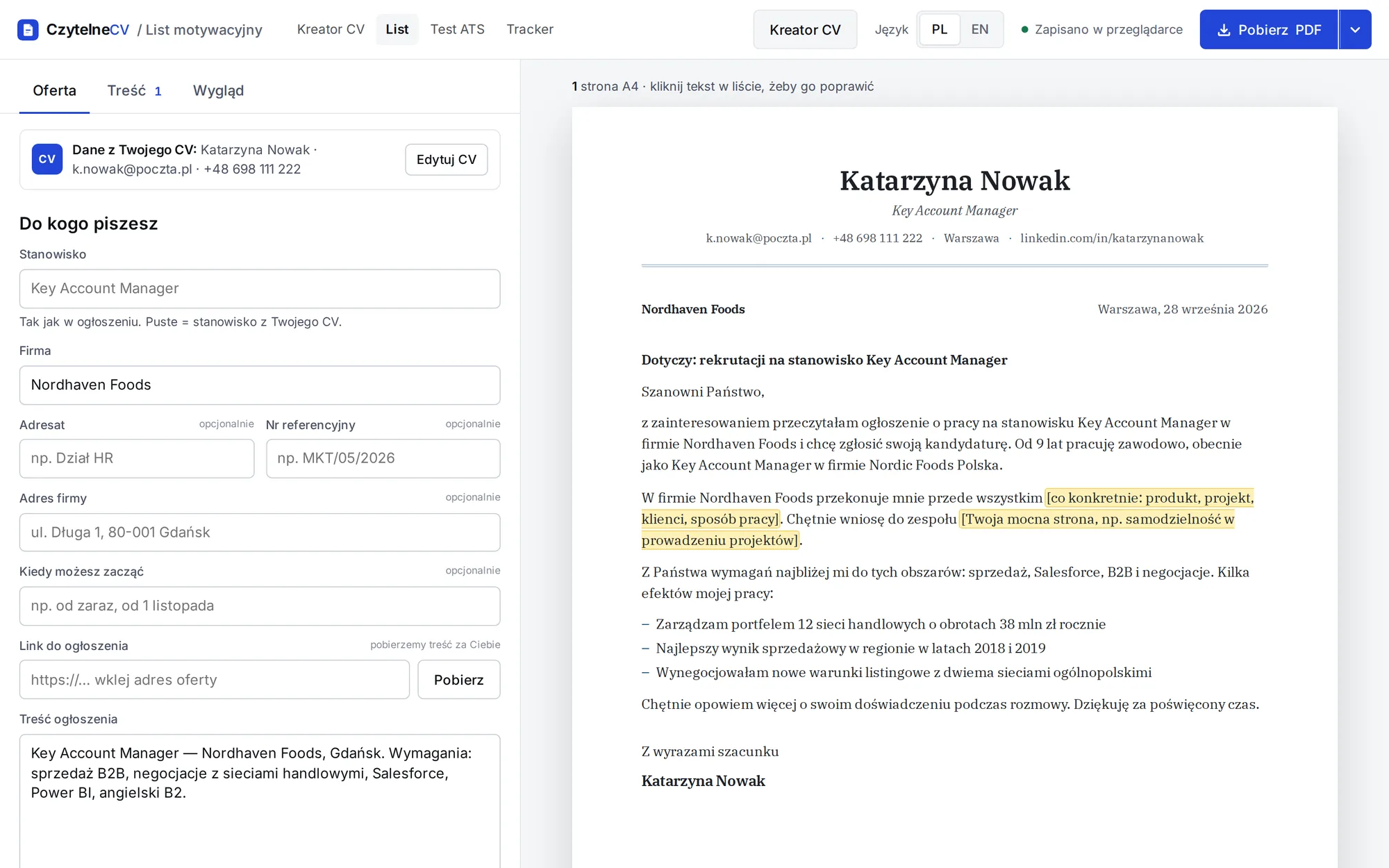 Kreator listu motywacyjnego: dane oferty po lewej, gotowy list po prawej